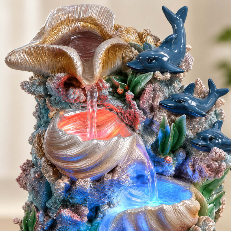 Fontaine de table avec dauphins, cascade intérieure à 4 niveaux en résine avec lumières DEL aux couleurs changeantes