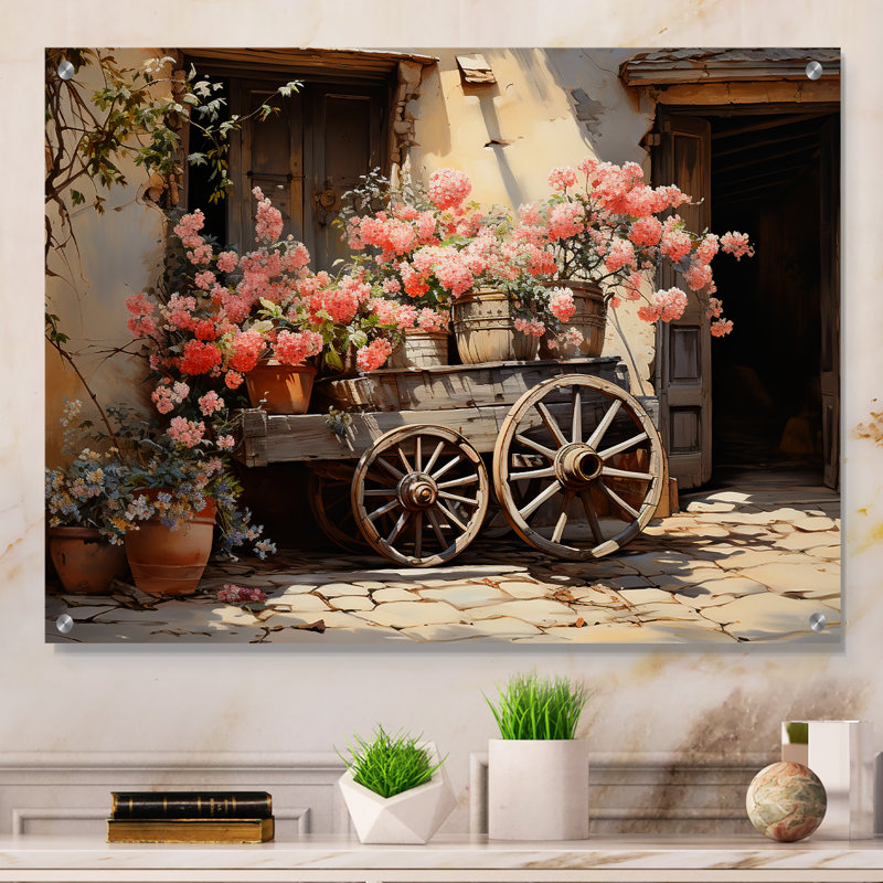 «Pink Old Cart Wheels» - art mural acrylique «Old American Cart», H 12 po x l 20 po