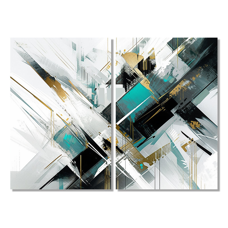 Art mural grand bleu sarcelle cubiste kaléidoscope, 36" H x 48" W, Wrapped Canvas, Does Not Apply