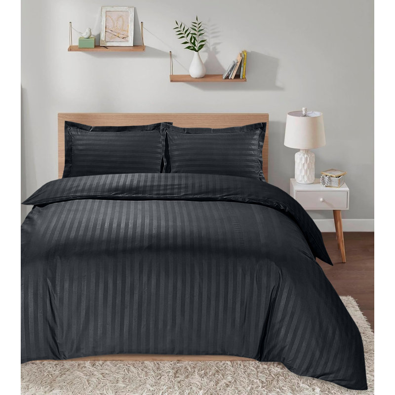Microfiber Polyester Stripe Duvet Cover Set with Fitted Sheet Pillowcases , Charcoal, Double Duvet Cover
