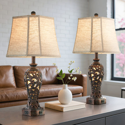27" Farmhouse Table Lamp Set with USB   for Bedroo m or Living Room (Set of 2)