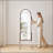Arched Full Length Mirror with Storage Shelves & Wheels, Rubber Wood Frame Floor Mirror, Freestanding Rolling Mirror with Cart, 2-in-1 Dressing Mirror & Bookcase for Bedroom Living Room