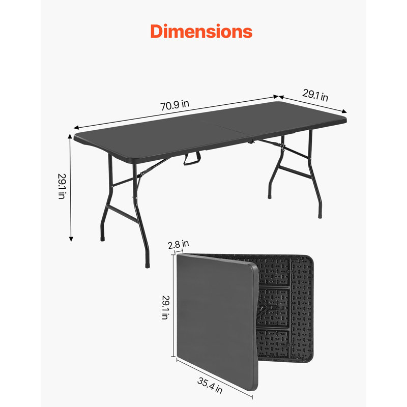 Table pliante, table utilitaire pliable semi-robuste 6 pi, table rectangulaire intérieure en plastique pour l'extérieur avec poignée intégrée, pour la fête, les repas, les mariages, les événements, le pique-nique, le camping, le noir