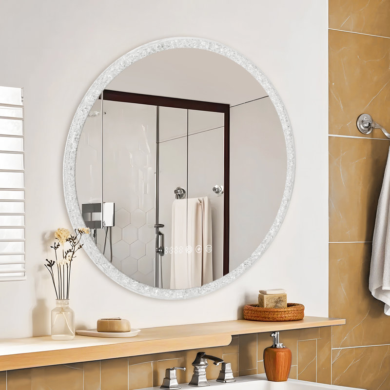 Crushed Crystal Decor Round LED Bathroom Vanity Mirrors with Anti-Fog, Dimmable Lights, and Shatterproof