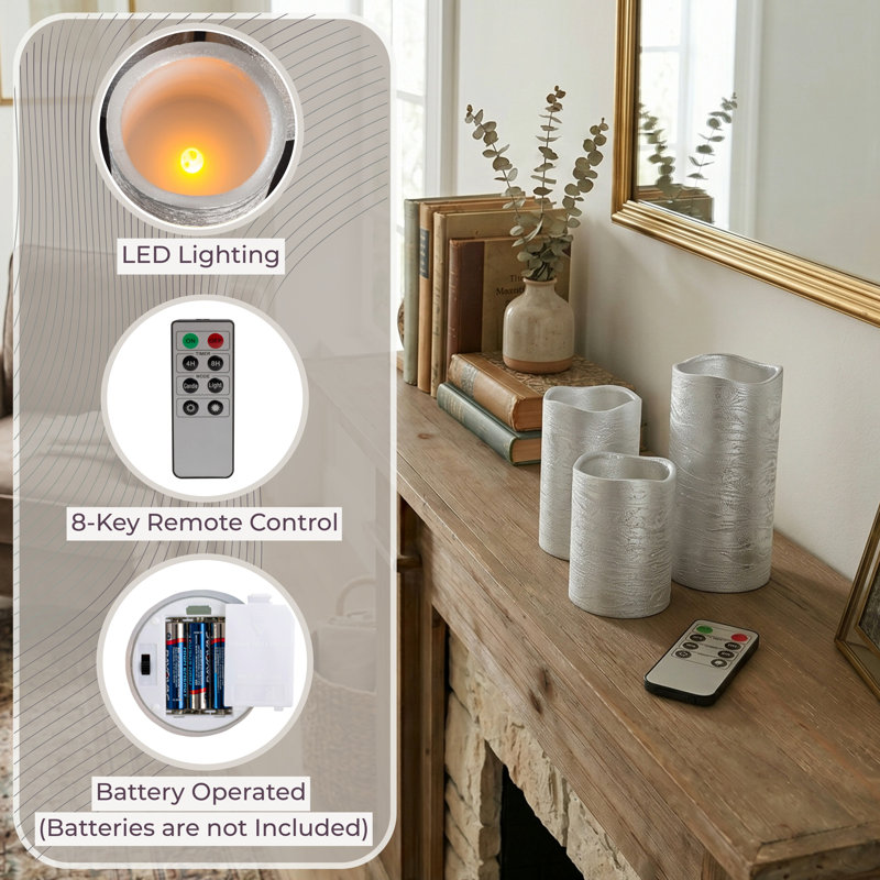 3 Set of Metallic Finish Flameless LED Candles with Remote, Silver