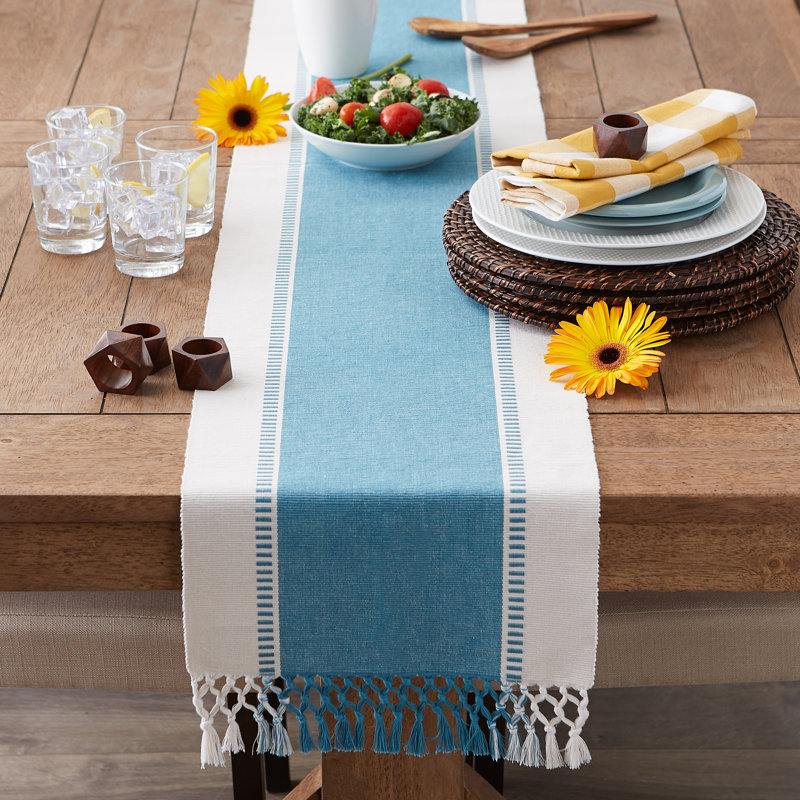 Kizer Striped 100% Cotton Table Runner, 108" x 13", Storm Blue