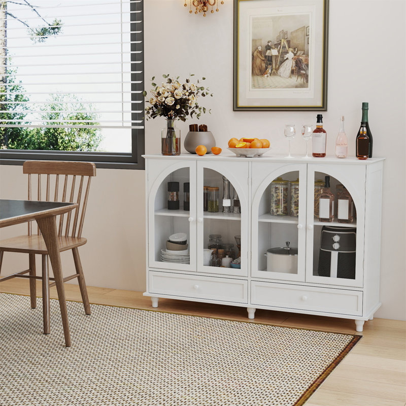Buffet en verre arqué, 2 tiroirs et 4 portes en verre, armoire de présentation avec tablettes réglables, armoire de cuisine moderne pour le vestibule du salon