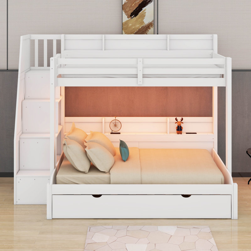 Lit superposé avec escalier de rangement, lit gigogne, tablettes intégrées et port USB, cadre de lit superposé en bois avec DEL