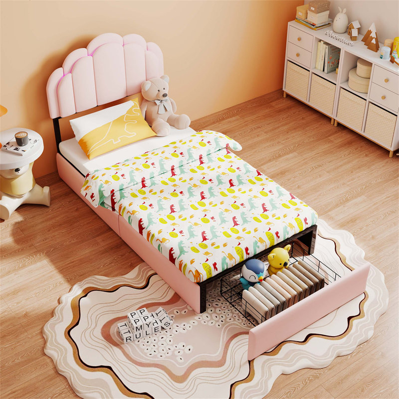 Lit plateforme tapissier à DEL RVB avec tête de lit capitonnée et tiroirs de rangement sous le lit pour les chambres à coucher modernes.