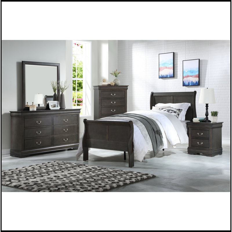 Commode 5 tiroirs avec poignées en métal, Gris foncé