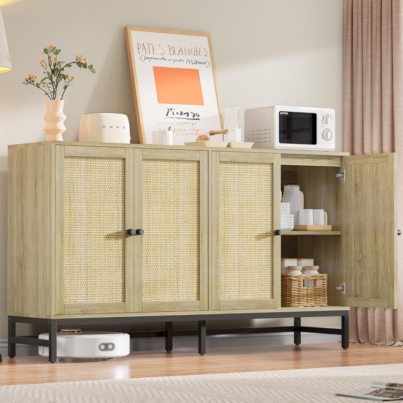 Buffet 59 po en rotin 59 po avec 4 portes Naturel, Naturel, 31,5 po H x 59 po L x 15,7 po P