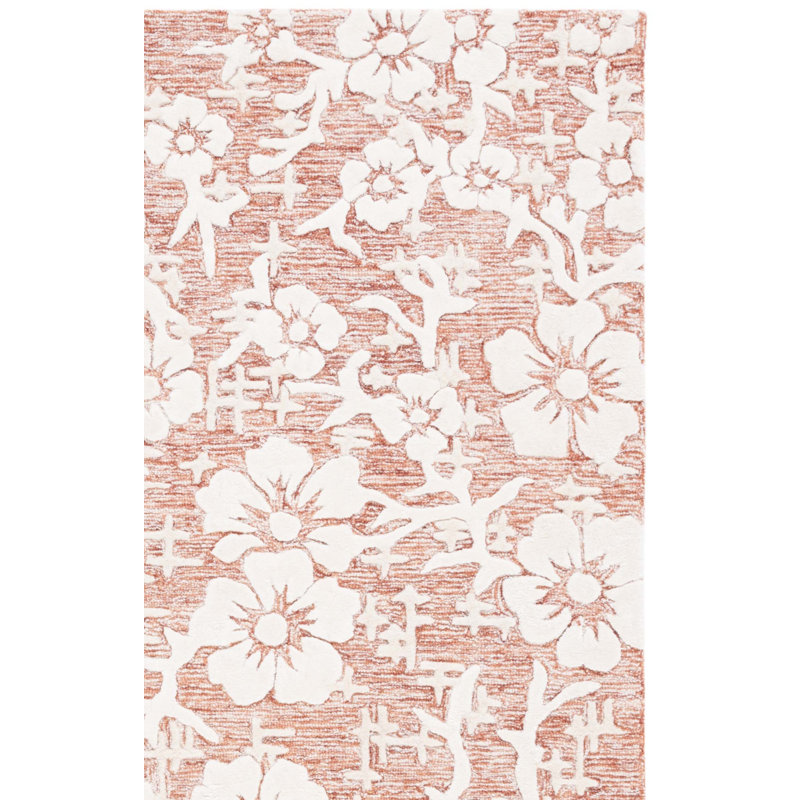 Tapis floral rouge / blanc en laine / viscose / coton touffeté à la main Spencel, Carré 6 pi