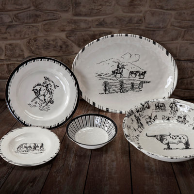 Ranch Life White/Black Melamine Plastic Western Rustic Farmhouse 14 Piece Dinnerware Set