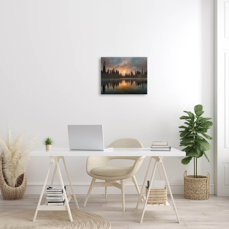 «Mysterious Lake Reflection Sunset Forest» par Dennis Frates - photographie sur toile tendue, H 16 po x l 20 po x P 1,5 po