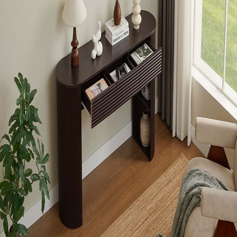 Console rétro avec rangement, 3 tiroirs, 1 pied de table, esthétique à lattes rondes, entrée, salon et couloir, espresso