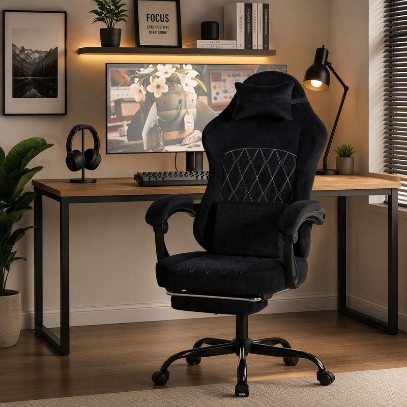 Fauteuil de jeu ergonomique avec support lombaire massant et appui-tête réglable, Noir, Noir