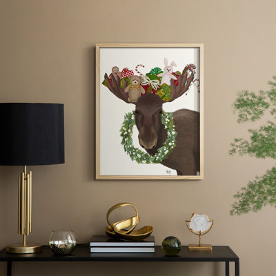Christmas Moose and Christmas Gifts Framed Print - Solid Wood