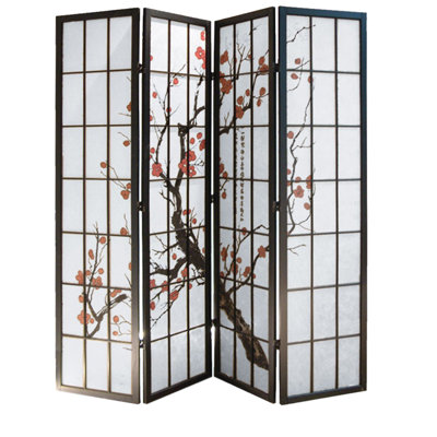 Paravent à 4 panneaux Sundar noir avec motifs de fleurs de prunier