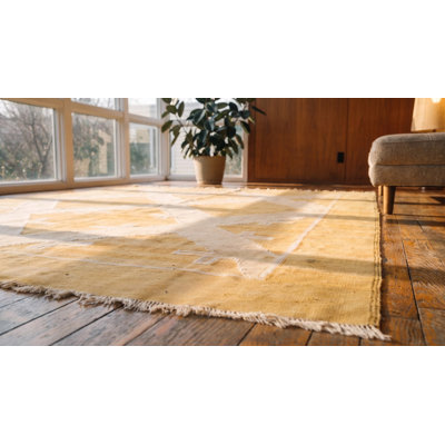 Small Size Gold Geometric Design Antique Cotton Dhurrie Rug