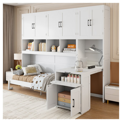 Lit escamotable simple avec bureau, garde-robe et tiroirs de rangement intégrés - Système de lit mural peu encombrant blanc