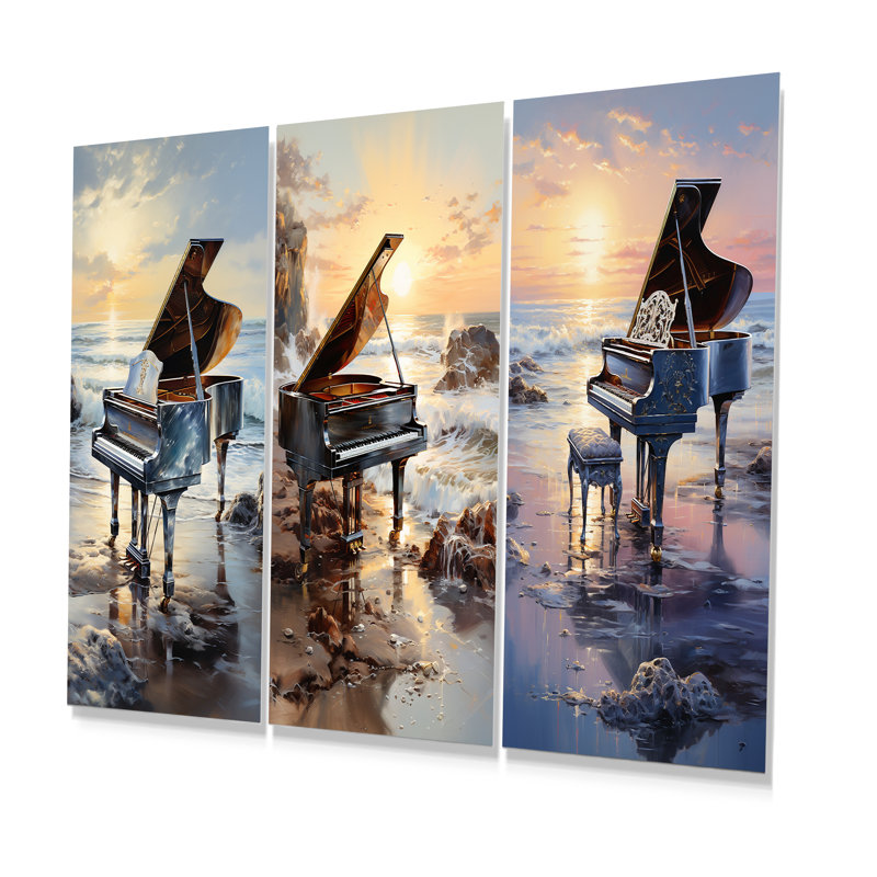 Piano Oceans Orchestra - Music Piano Metal Wall Art Living Room Set Of 3, 28" H x 36" W