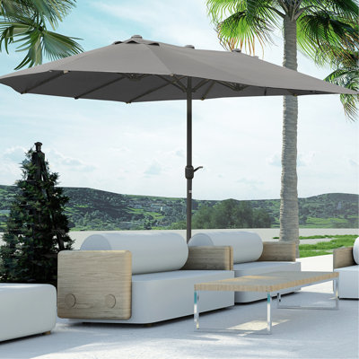 Parasol de patio de 15 pieds - Parasol extérieur rectangulaire en acier double face, gris foncé, protection contre le soleil, manivelle facile, matériau durable gris 15 pi avec base. Parasol de parasol. Acier, intempéries