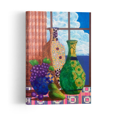 Patterned Vases Window View Colorful Vibrant Abstract Fruit Architecture Wall Art Print 1 Piece Wrapped Canvas Wall Art