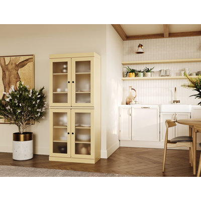 100% Solid Wood 32" Pantry Cabinet with Frosted Glass Doors and Adjustable Shelves by Latitude Run