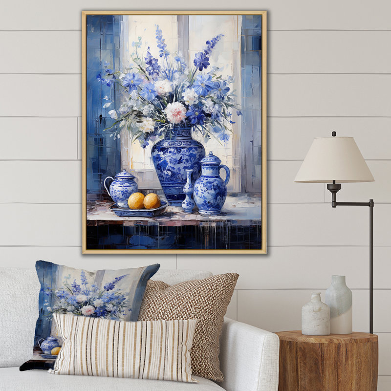 Boho bleu et blanc plante poterie IV - Boho, Cadre flottant brun, H 32 po x l 24 po x P 1 po