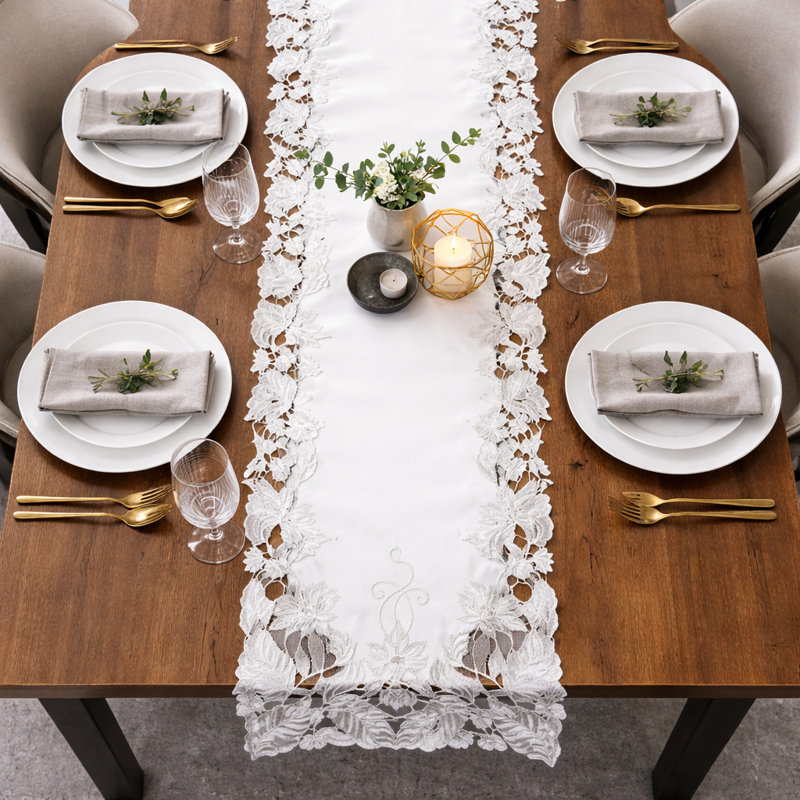 Lace Table Runner with Elegant Cutwork Embroidery for Dining Table and Vintage Christmas Decor
