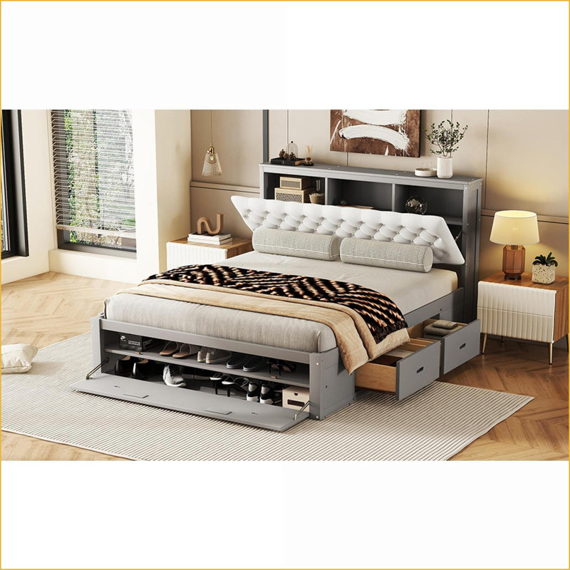Grand lit plateforme en bois de pin avec tête de lit avec rangement et 4 tiroirs Range-chaussures - aucun sommier nécessaire, gris