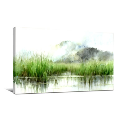 Plants &Flowers Serene Landscape Watercolor Marsh Reflections Mountains Misty Greenery