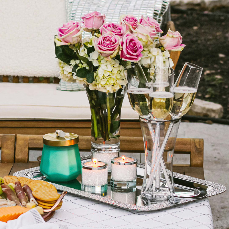 Crystal-Filled Glass Tealight Candleholder with Silver Rim