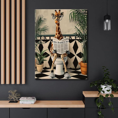 Giraffe Bathroom Humor Canvas Wall Art Funny Giraffe Reading Newspaper On Toilet Wall Decor Cute Animal Poster Print Painting Artwork For Kids Bathroom Restroom Home Decor 12X16in Canvas