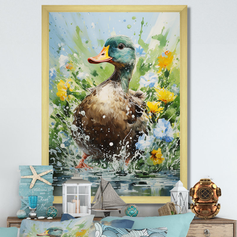 «Duck Springtime Splash Blooms», art mural canard, H 32 po x l 16 po x P 1 po, Cadre doré simple
