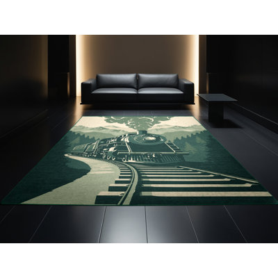 Soft Plush Efimov Mountain Railway Train Rustic Area Rug in Green – Green Binding