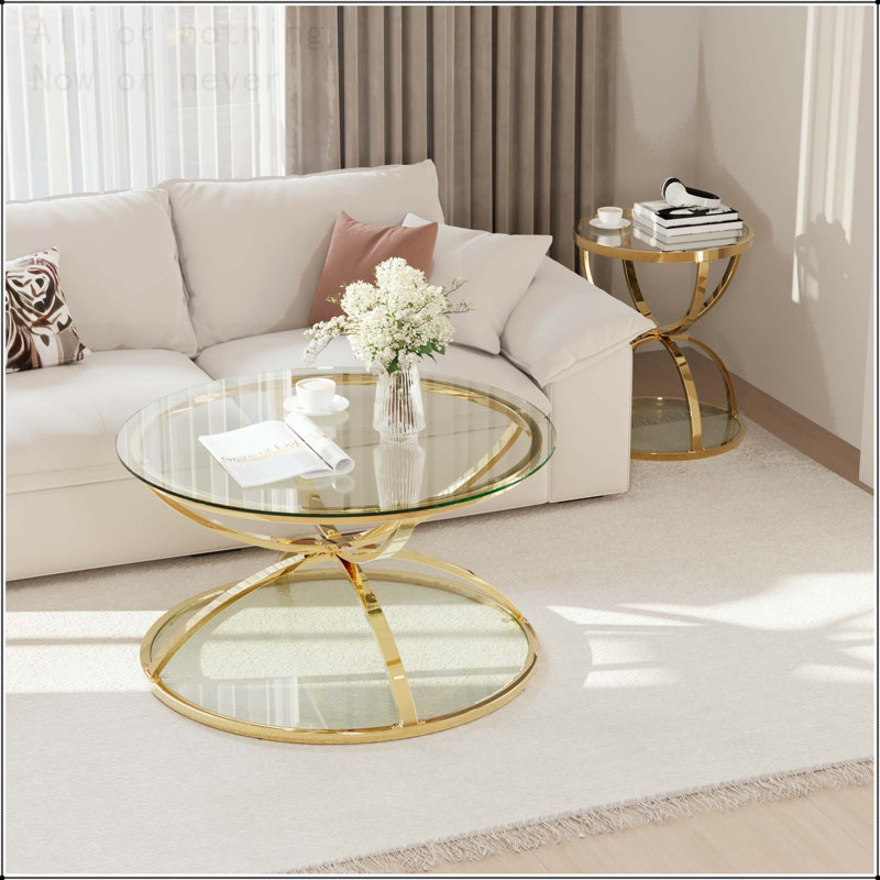 Table basse ronde à 2 niveaux avec structure en métal, L 31,5 po, Or