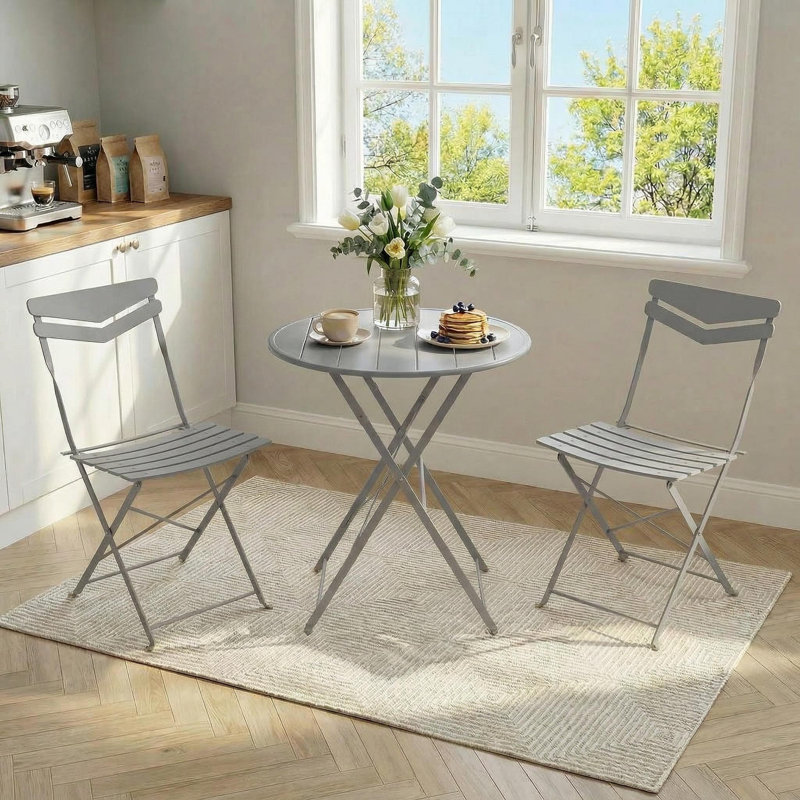 Ensemble de mobilier d'extérieur en métal 3 pièces, ensemble bistro en acier à dossier courbé, gris, Gris