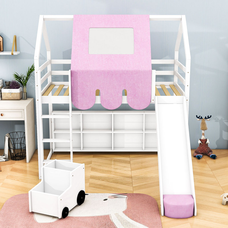 Cadre de lit mezzanine en bois Aryo avec tente, Simple, Blanc / rose