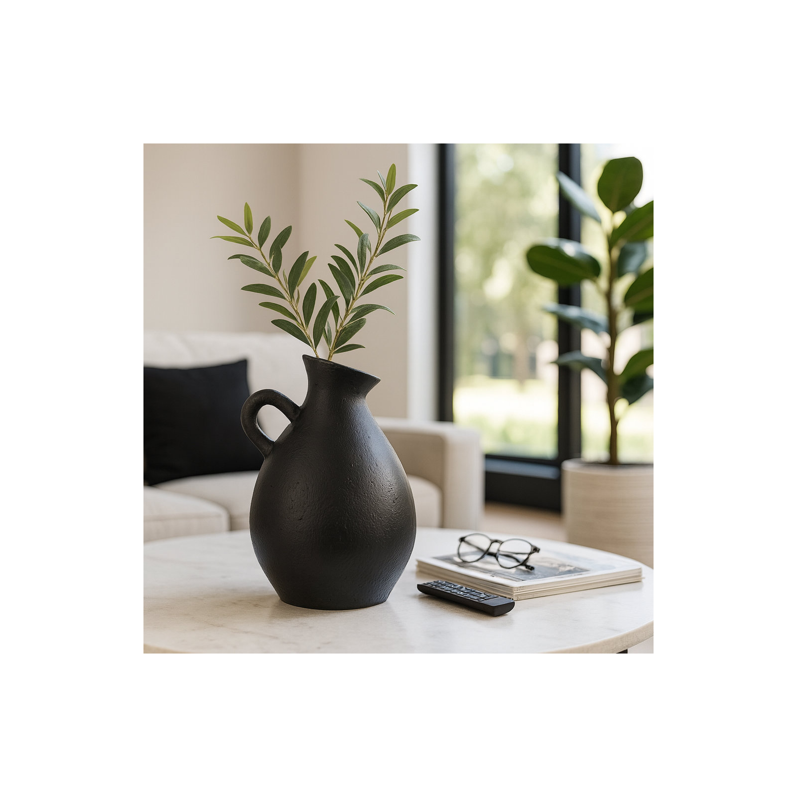 Terracotta, 19" Unique Jug With Handle, Round, Textured Black