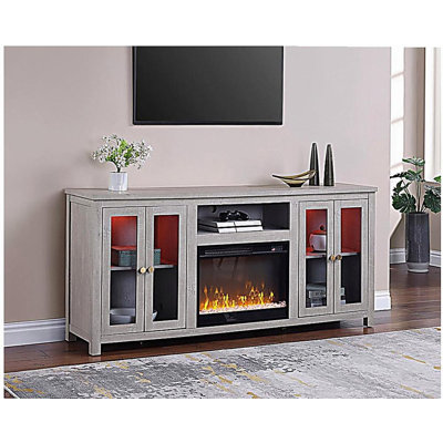Emerson 70"W Light Gray Finish Fireplace TV Stand Console with Heater, LED Light, Cabinets, Shelves