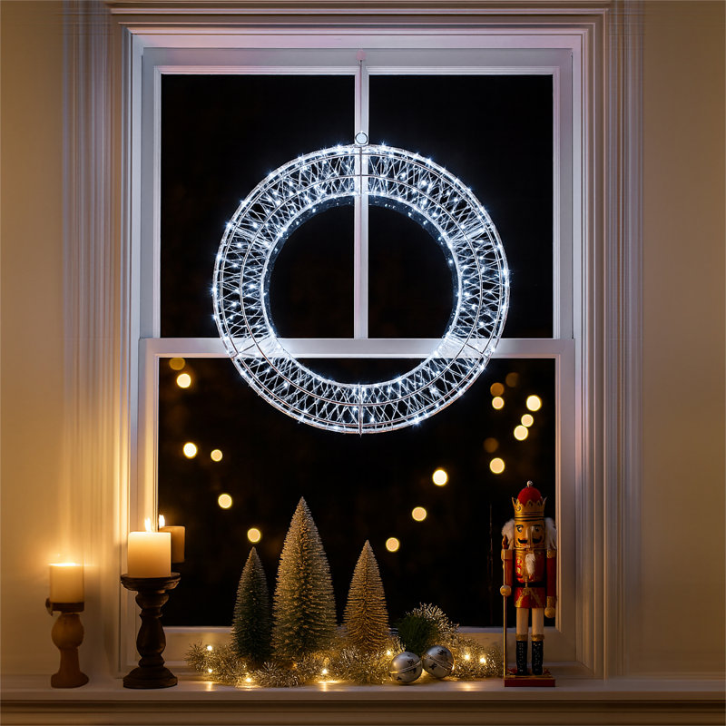 Indoor / Outdoor Led Wreath Lighted Window Décor, Cool White, 50cm H x 50cm W x 5cm D