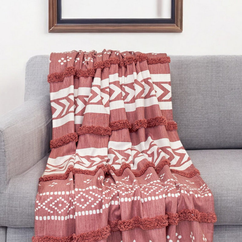 Jeté rayé en coton tissé rose