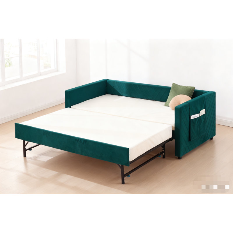 Lit de jour simple rembourré avec lit gigogne, port USB, poches latérales, dossier à profil en V moderne, aucun sommier nécessaire, pour chambre à coucher, chambre d'amis (émeraude, simple)