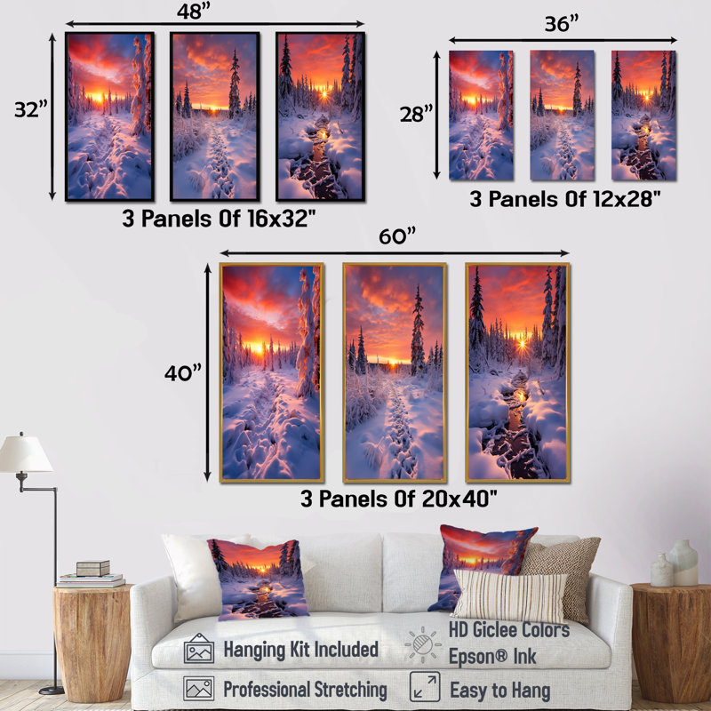 Rose et jaune en hiver lever de soleil I - ensemble de 3 décorations murales d'hiver, Cadre flottant noir, H 28 po x l 36 po