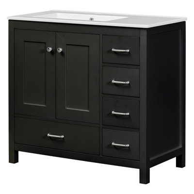 Meuble-lavabo noir 36 po avec lavabo en céramique, armoire de rangement abondante, 2 portes à fermeture douce et 5 tiroirs