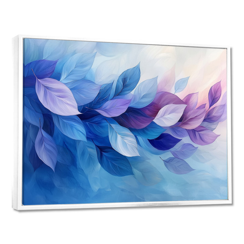 «Floating Leaves In Purple Ink River II», art mural feuilles, H 34 po x l 44 po, Impression encadrée flottante, Blanc