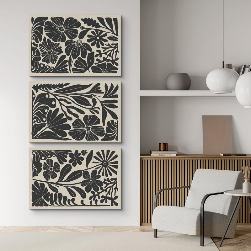 «Black Beige Flowers Collage Abstract FLoral Botanical Illustration», 3 pièces, H 16 po x l 24 po, Toile tendue