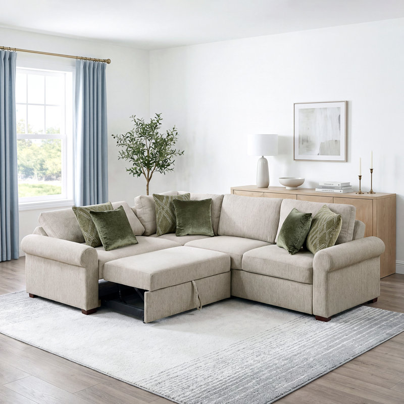 Canapé modulaire moderne et contemporain en microfibre 3 pièces 108 po avec lit escamotable, dossier à mouvement cliqué et 6 coussins décoratifs