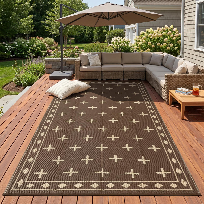 Tapis d'extérieur, tissé en PP réversible pour camping-car, Brown, Runner 9' x 18'